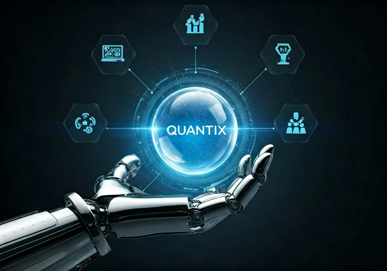A robotic hand holding a glowing QuantiX data sphere surrounded by trading analytics icons